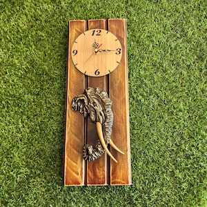 Handcrafted Wooden Elephant Wall Clock: Rustic Wildlife Decor (6x16 Inch)