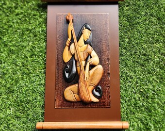 Veena Girl Wooden Wall Art – Handcrafted 9x14 Inch Decor, Musical Goddess Design, Indian Traditional Art
