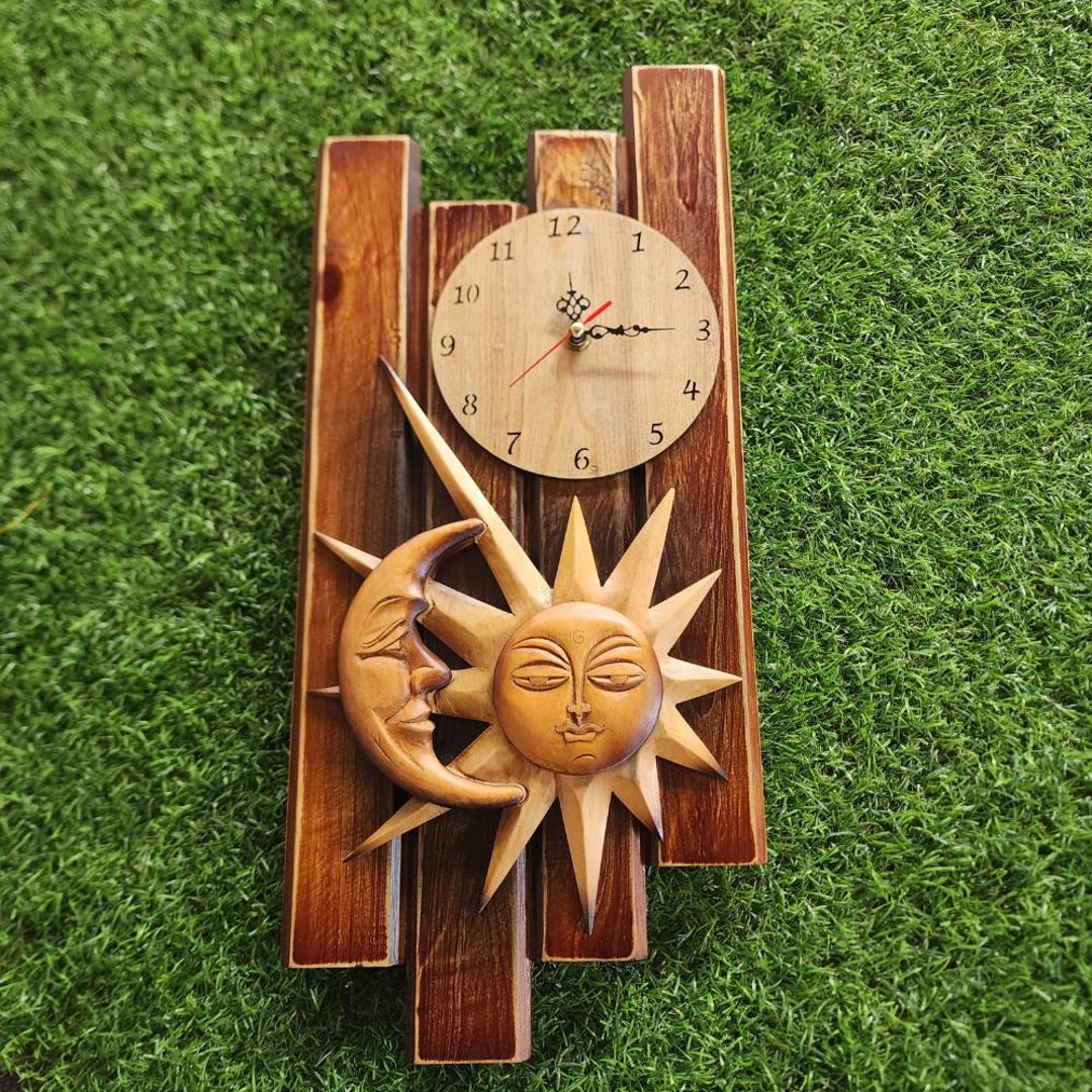 Handcrafted Wooden Wall Clock: Sun & Moon Celestial Decor - Etsy