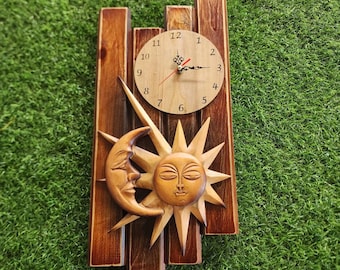 Handcrafted Wooden Wall Clock – Sun & Moon Design, 8x19 Inch – Rustic Home Décor, Silent Non-Ticking, Unique Gift