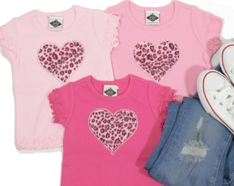 Valentine's T-Shirt for Infant, Toddler and Big Girls, Animal Print Leopard Heart Shirt with Rhinestones