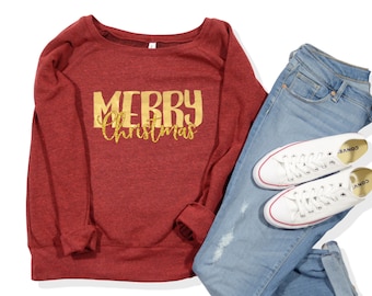 Merry Christmas Sweatshirt for Women, Warm and Cozy Holiday Sweater, Off the Shoulder Christmas Sweater, Xmas Sweater, Makes a Great Gift