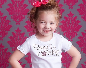 Girls 5th Birthday T-Shirt | Being 5 Rocks | Fifth Birthday Shirt for Girls | Rhinestone Birthday T Shirt | Rhinestone TShirt