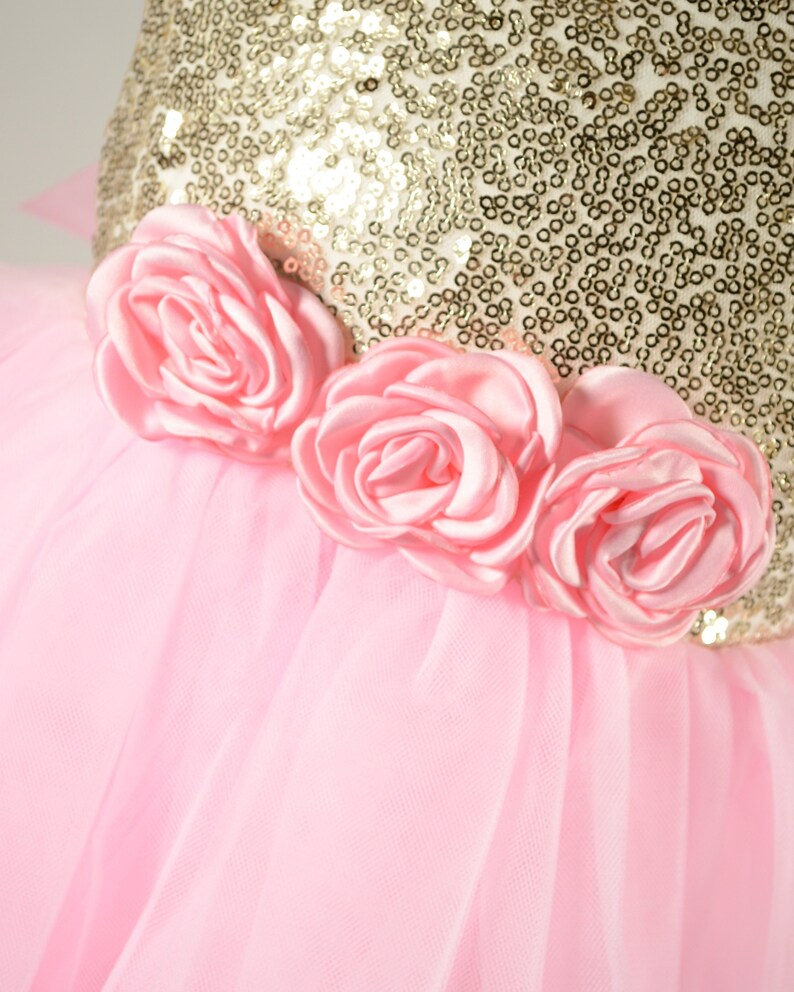 Op de afbeelding: Een roze tule rok met een gouden pailletten lijfje en drie roze satijnen rozen.