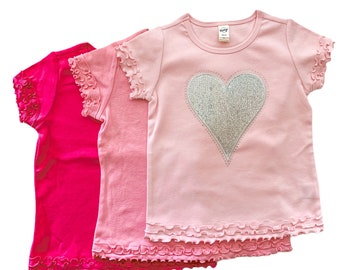 Valentine's Shirt for Girls, Heart Sequin and Rhinestone Shirt- Pink Heart, Red Heart or Silver Heart, Long or Short Sleeve in Many Colors