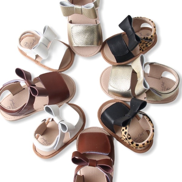 Baby Girl Bow Sandals- Genuine Leather Soft Sole and Hard Sole Sandals for Girls in Various Sizes and Colors with Adjustable Straps