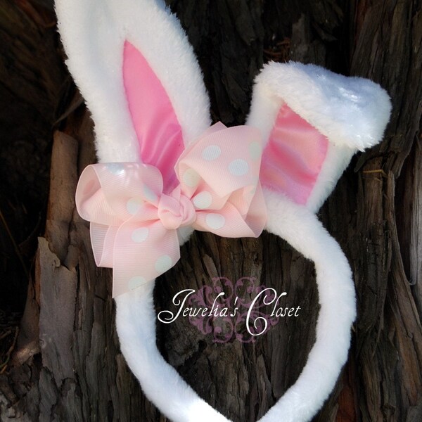 RESERVED LISTING for Mellissa Bisel  ONLY- White Bunny Ears with Detachable Light Pink Polka Dot Bow