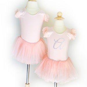 Girls Ballet Leotard, Tutu Bodysuit in Peach with Personalized Rhinestone Initial, Perfect for Girls 1st, 2nd, 3rd and 4th Birthday Outfit