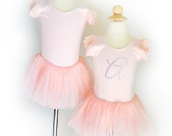 Girls Ballet Leotard, Tutu Bodysuit in Peach with Personalized Rhinestone Initial, Perfect for Girls 1st, 2nd, 3rd and 4th Birthday Outfit