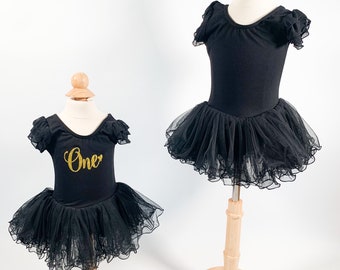 Girls Tutu Leotard, Ballet Bodysuit in Black with Personalized Rhinestone Initial, Perfect for Girls 1st, 2nd, 3rd and 4th Birthday Outfit