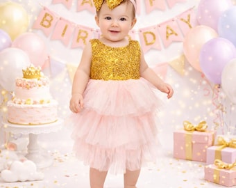 Jurk 1e verjaardag babymeisje roze tutu gouden pailletten, outfit cake Smash 12-18 maanden, outfit eerste verjaardag met strik hoofdband, verjaardagsfoto