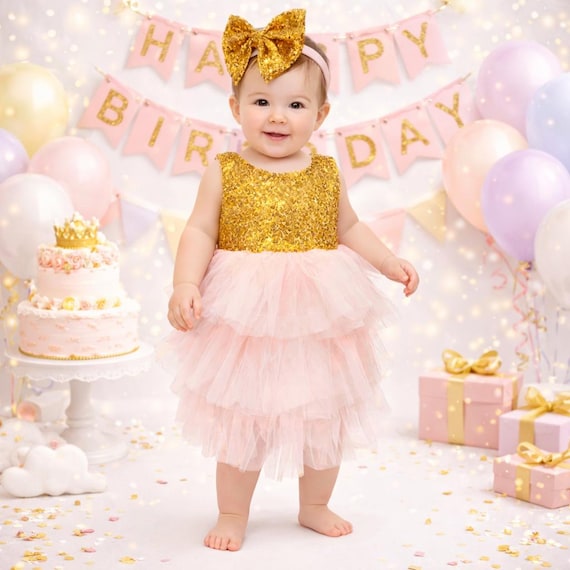 Baby Girl 1st Birthday Dress Pink Tutu Gold Sequin, Cake Smash Outfit 12-18 Months, First Birthday Outfit with Bow Headband, Birthday Photo