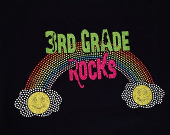 Girls 3rd Grade Shirt for First Day of School and Picture Day, 3rd Grade Rocks Back to School Shirt- Rainbows, Rock Star and Smiley Faces