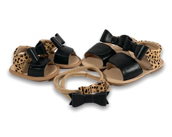 Baby Girl Bow Sandals, Cheetah Print and Black Infant and Toddler Sandals in Genuine Leather, Soft Sole and Hard Sole, Adjustable Straps