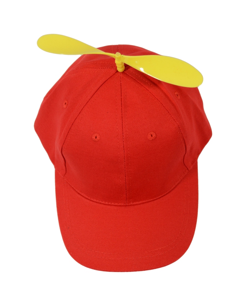 May include: A red baseball cap with a yellow propeller on top. The cap has a curved brim and a mesh back.
