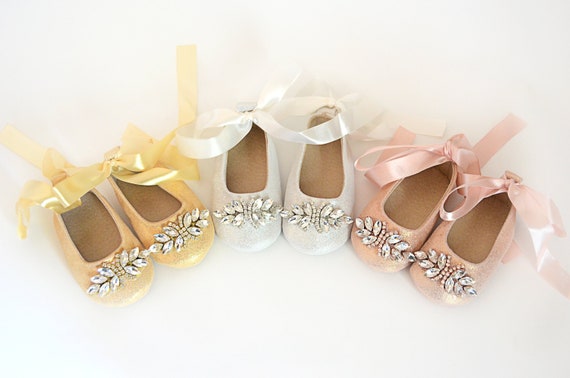 Baby Girl Shoes, Sparkly Rhinestone Ballerina Crib Shoes, Genuine Leather in Gold, Silver and Rose Gold, Perfect Dress Shoes for Little Girl