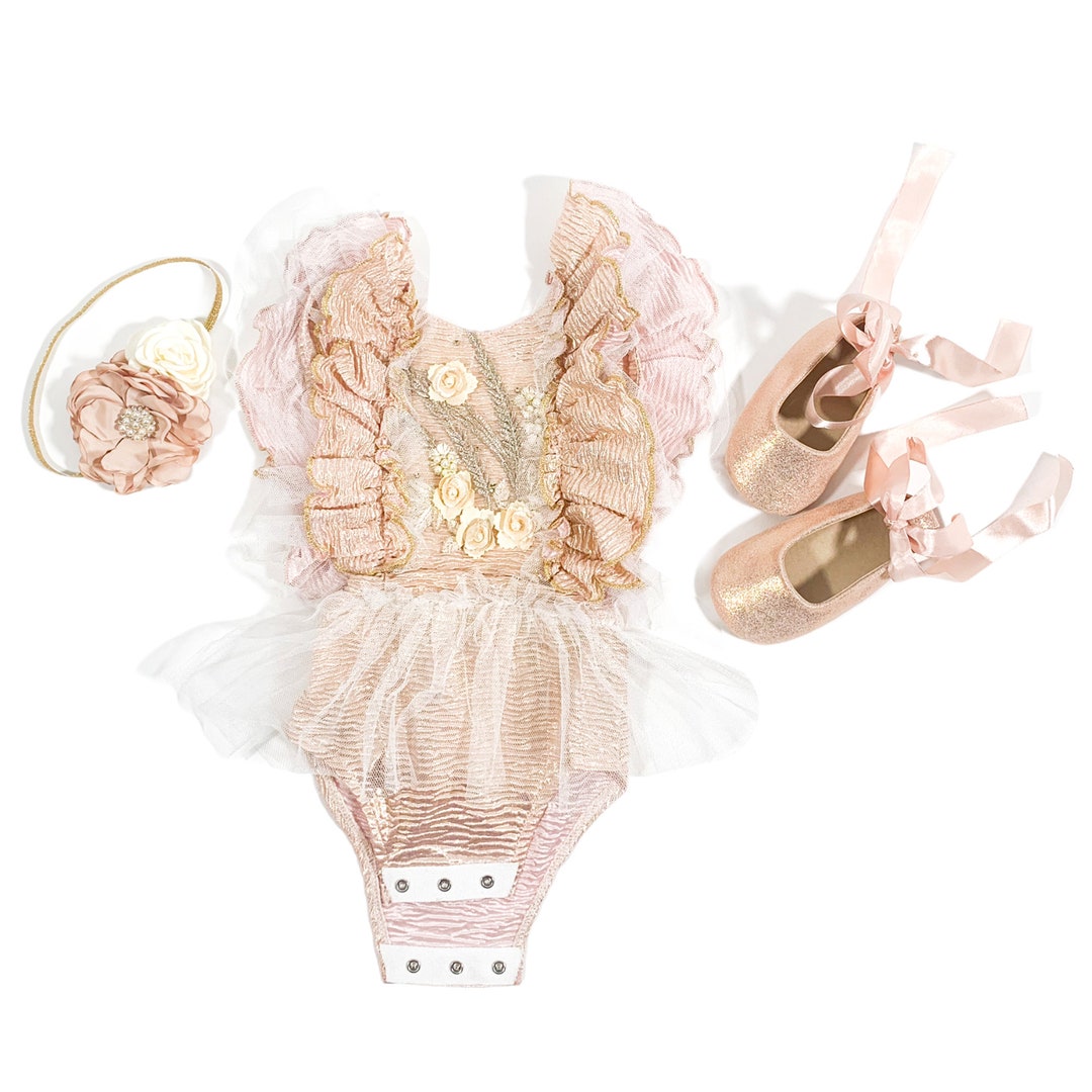 Rose Gold Baby Girl Tutu Romper Smash Cake Outfit, Baby Girl Shoes, Headband, Size 36 Months, 6