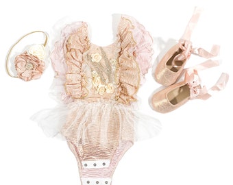 Rose Gold Baby Girl Tutu Romper- Smash Cake Outfit, Baby Girl Shoes, Headband, Size 3-6 months, 6-12 months, 12-18 months, 18-24 months