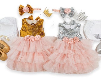 1st Birthday Outfit for Baby Girl- Peachy Pink Tulle Birthday Dress Silver or Gold Sequins, Birthday Crown, Bow Headband, and Diaper Cover