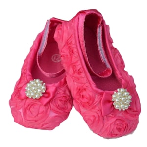 Baby Shoes for Girl- Hot Pink Rosette Soft Sole Baby Shoes with Rhinestone and Pearl Accent