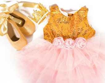 Baby Girl Birthday Outfit- Pink and Gold Theme Birthday Fit For a Princess- Whimsical Dress, Rhinestone and Pearl Crown, and Ballerina Shoes