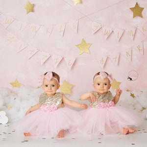 Op de afbeelding: Twee babymeisjes die roze tulejurken dragen met gouden pailletten-bovenstukken en roze bloemenaccenten. Ze zitten op een wit, pluche oppervlak met gouden glitterconfetti en een roze achtergrond met gouden glittersterren en een banner met de tekst "Twin Birthday".