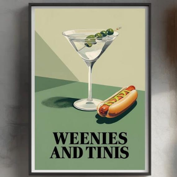 Whimsical Wall Decor: Hot Dog and Martini Art Print - Weenies and