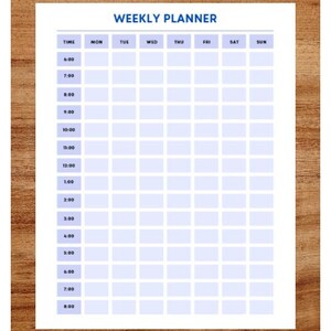 May include: A weekly planner with a blue header and a light blue grid. The planner has columns for each day of the week, from Monday to Sunday, and rows for each hour of the day, from 6:00 AM to 8:00 PM.