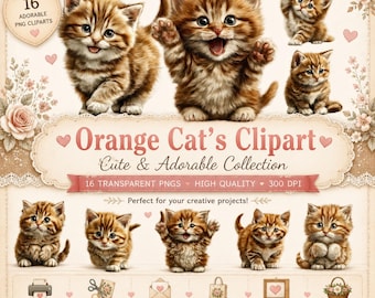 Ginger Kitten Clipart, Watercolor Cat PNG, Transparent Playful Graphics