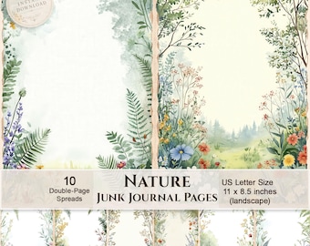 May include: Ten digital junk journal pages in US Letter size, 11 x 8.5 inches. Each page features watercolor illustrations of green ferns, wildflowers, and forest trees framing a central blank space. Text reads: 10 Double-Page Spreads NATURE JUNK JOURNAL PAGES US Letter Size 11 x 8.5 inches (landscape).