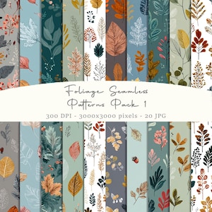 Pode incluir: Uma coleção digital de vinte padrões sem costuras com várias folhagens, folhas e ramos em cores de outono como laranja, amarelo e verde escuro. O texto diz Foliage Seamless Patterns Pack 1, 300 DPI - 3000x3000 pixels - 20 JPG.