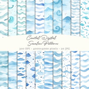 May include: A collection of watercolor digital seamless patterns in shades of blue and teal, depicting various wave and water-themed designs. The image includes the text "Coastal Digital Seamless Patterns".