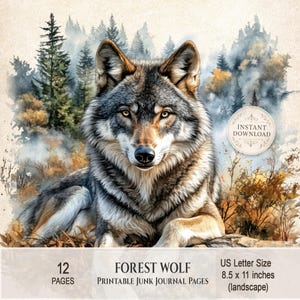 Forest Wolf Junk Journal Pages, Printable Autumn Portrait, Art Kit Nature