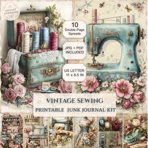 Vintage Atelier Printable Journaling Pages, Sewing Machine Scrapbook Paper Set