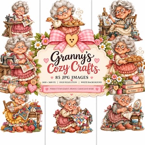 Puede incluir: Una colección digital de 85 imágenes JPG que presenta a una abuela realizando diversas manualidades como costura, tejido y repostería. La etiqueta central muestra el texto Granny's Cozy Crafts, 85 JPG IMAGES, 3600 x 3600 PX, HIGH RESOLUTION, WHITE BACKGROUND.
