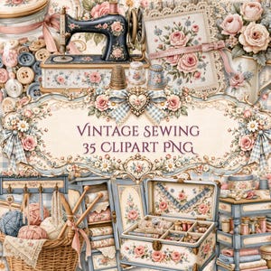 Pode incluir: Uma coleção digital de clipart de costura vintage com uma máquina de costura, uma cesta de fios, uma caixa de costura e padrões florais. A moldura decorativa central exibe o texto VINTAGE SEWING 35 CLIPART PNG em roxo escuro.
