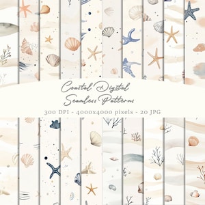 May include: A collection of digital seamless patterns with a coastal theme. The designs feature seashells, starfish, and watercolor washes in shades of beige, blue, and coral. The text "Coastal Digital Seamless Patterns" is displayed.