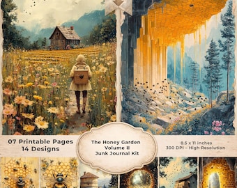 Pages imprimables de Honey Garden Junk Journal, Abeille, nid d'abeille, fleurs sauvages