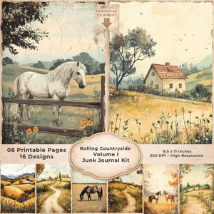 May include: A digital download junk journal kit titled "Rolling Countryside Volume I." The image features watercolor illustrations of a white horse, a farmhouse, and rural landscapes. The kit includes 8 printable pages with 16 designs, each 8.5 x 11 inches.