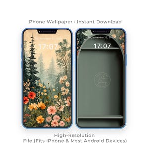 Puede incluir: Dos pantallas de teléfono que muestran un fondo de pantalla de paisaje floral y un diseño de estante verde. El fondo de pantalla floral presenta flores y árboles coloridos. El diseño del estante tiene un fondo verde con un estante. El texto dice "Phone Wallpaper - Instant Download".