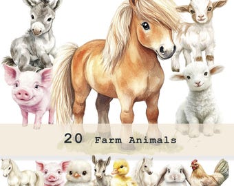 Adorable Watercolor Farm Clipart, 20 Farm Animals