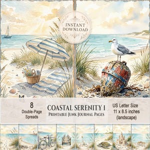 May include: A set of printable junk journal pages titled Coastal Serenity 1, featuring watercolour beach scenes with a sailboat, striped umbrella, seagull on a buoy, bicycle, pier, turtle, and sandcastle, measuring 27.9 by 21.6 cm in landscape format.