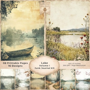 May include: A digital junk journal kit featuring watercolor illustrations of lakes and landscapes. The kit includes 16 designs across 8 printable pages, with a resolution of 300 DPI. The pages are sized at 8.5 x 11 inches.