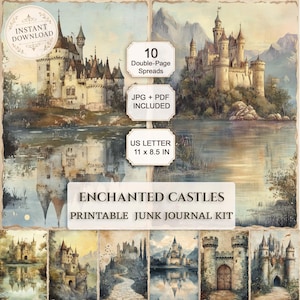 Pode incluir: Um kit de diário criativo imprimível intitulado ENCHANTED CASTLES com 10 páginas duplas de ilustrações de castelos. Inclui arquivos JPG e PDF no formato US Letter 27,9 x 21,6 cm com texturas de papel vintage e paisagens.