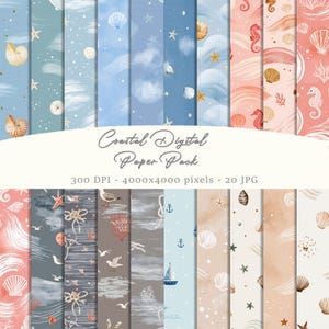 May include: A selection of digital paper designs with a coastal theme. The patterns feature seashells, starfish, seahorses, clouds, and waves in shades of blue, coral, and beige. The text "Coastal Digital Paper Pack" is displayed in the centre.