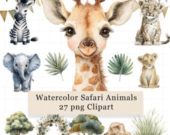 Clipart aquarel safaridieren: Jungle Zoo, png (digitale download)