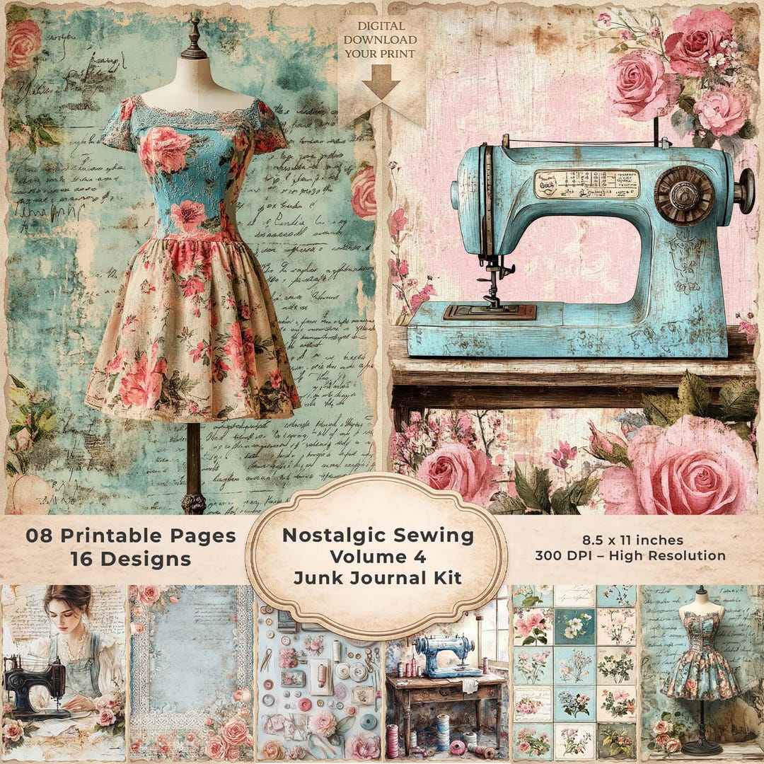 Vintage Sewing Junk Journal Pages, Shabby Chic Printable Stationery ...
