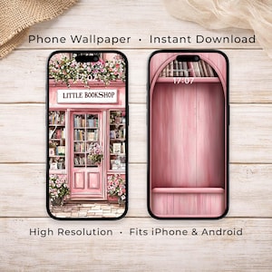 Little Pink Bookshop iPhone Wallpaper Set, Floral Bookstore Lock Screen, Instant Download WP04