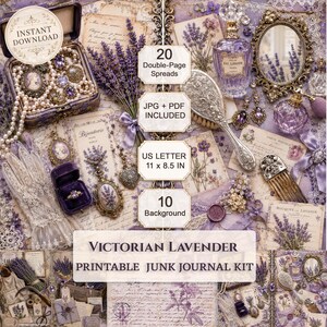 Peut inclure: Un kit numérique sur le thème de la lavande victorienne avec 20 doubles pages, 10 arrière-plans et du texte incluant 'INSTANT DOWNLOAD', 'US LETTER 11 x 8.5 IN' et 'VICTORIAN LAVENDER PRINTABLE JUNK JOURNAL KIT' parmi des éphémères vintage.