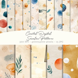 May include: A collection of fifteen digital seamless patterns featuring watercolor illustrations of seashells, starfish, coral, and abstract shapes in shades of blue, orange, and beige. The text reads Coastal Digital Seamless Patterns 300 DPI - 4000x4000 pixels - 15 JPG.